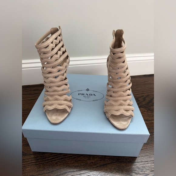 Prada Shoes - Prada Beige Suede Wavy Caged Peep Toe Booties Size 39